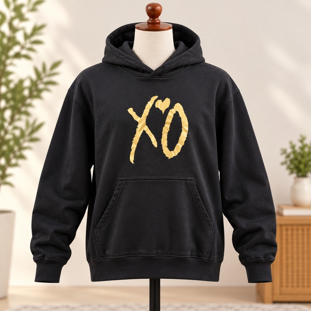 Gildan XO The Weeknd Hoodie Mens Medium Black Gold Graphic Pullover Sweatshirt